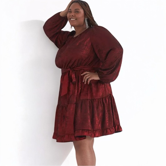 Lane Bryant Blouson-Sleeve Belted Fit & Flare Dress Rhubarb Size 14 NWT - Picture 2 of 13